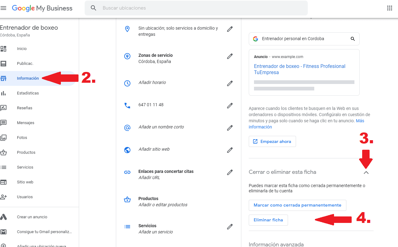 como quitar ficha de google my business