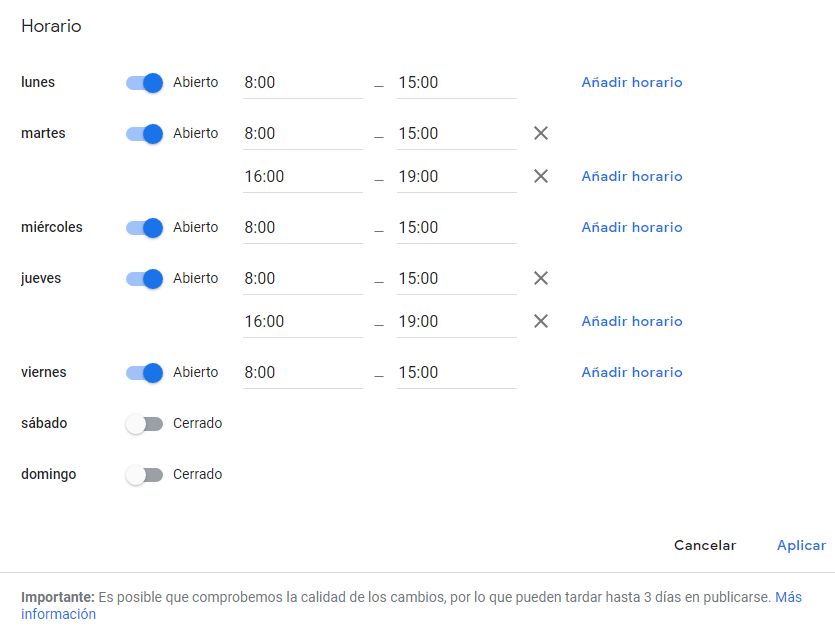 franjas horarias en google my business