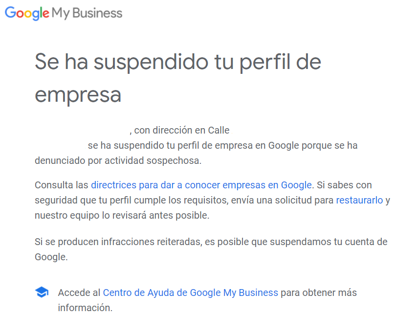 Se ha suspendido tu perfil de empresa en Google Apartamento turístico suspendido en Google