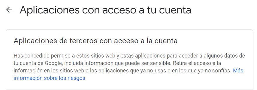 Vista previa del panel de cuenta de Google donde podemos revisar las aplicaciones de terceros con acceso a nuestra cuenta. 