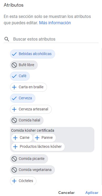 listado atributos google my business