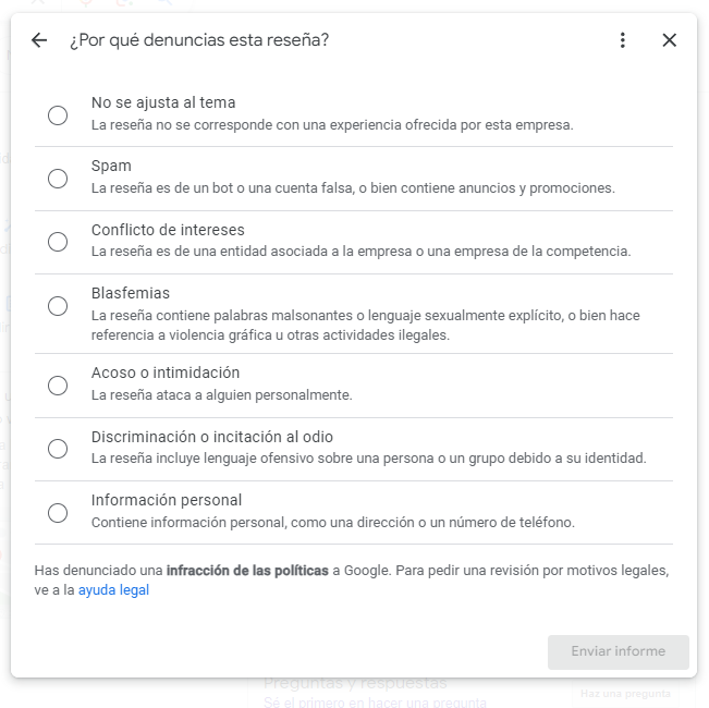 En esta imagen se muestras las diferentes políticas por las que se puede eliminar reseña google. 