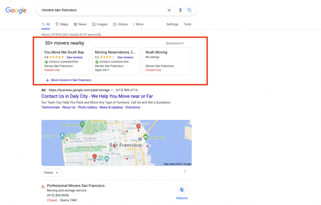 Ejemplo de anuncios de servicios locales de Google